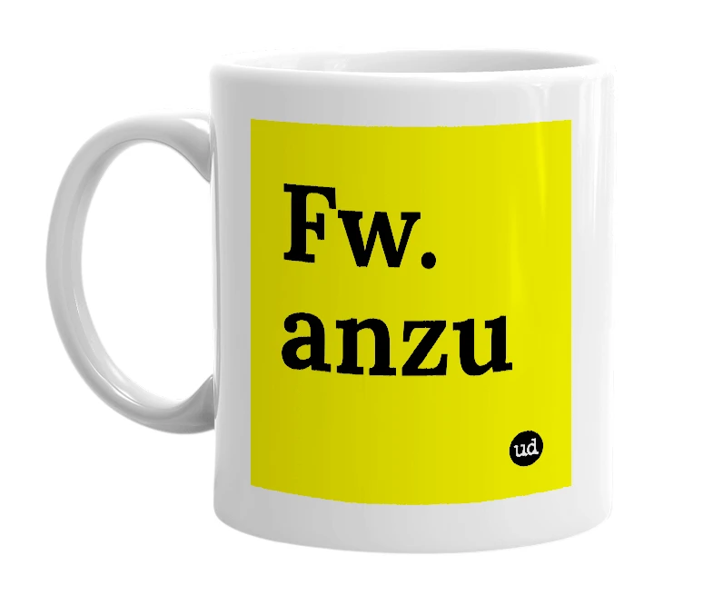 White mug with 'Fw. anzu' in bold black letters