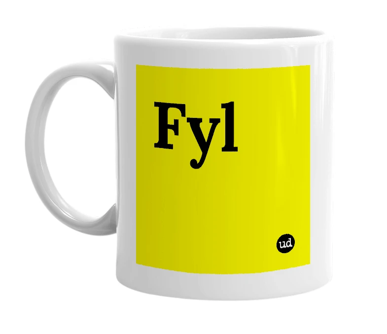 White mug with 'Fyl' in bold black letters