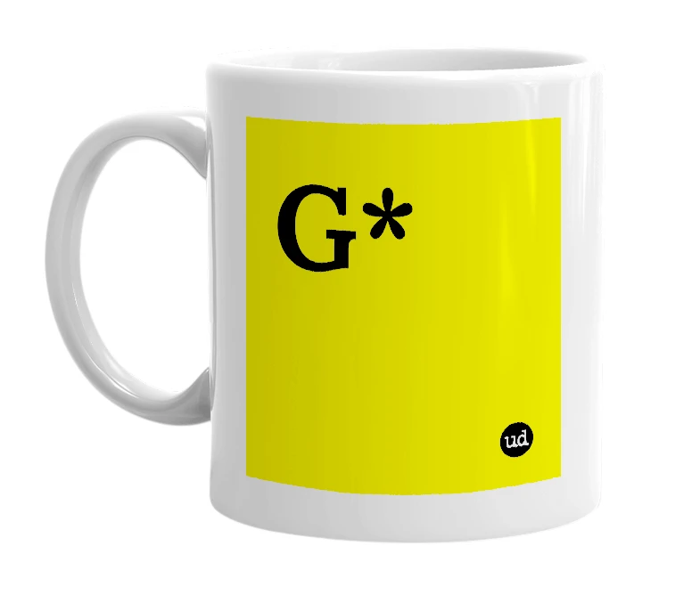 White mug with 'G*' in bold black letters