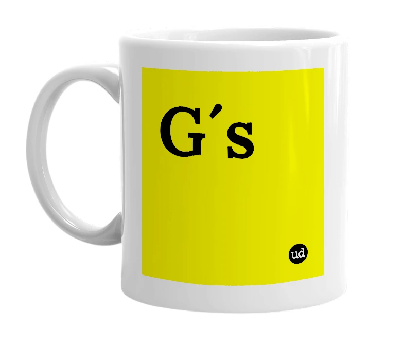 White mug with 'G´s' in bold black letters
