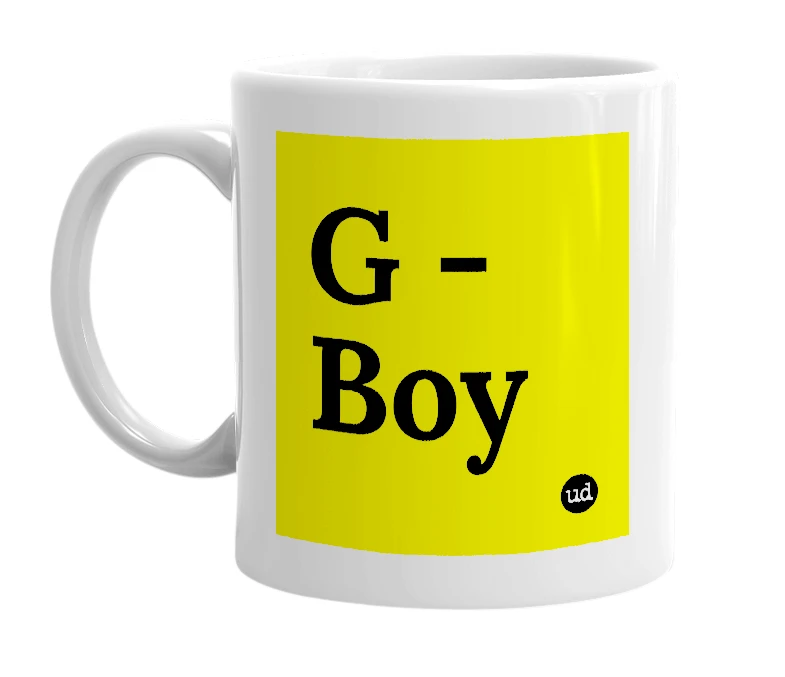 White mug with 'G - Boy' in bold black letters