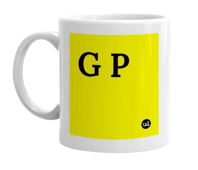 White mug with 'G P' in bold black letters