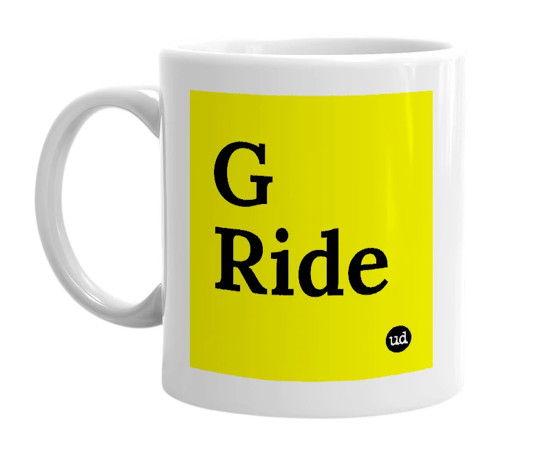 White mug with 'G Ride' in bold black letters