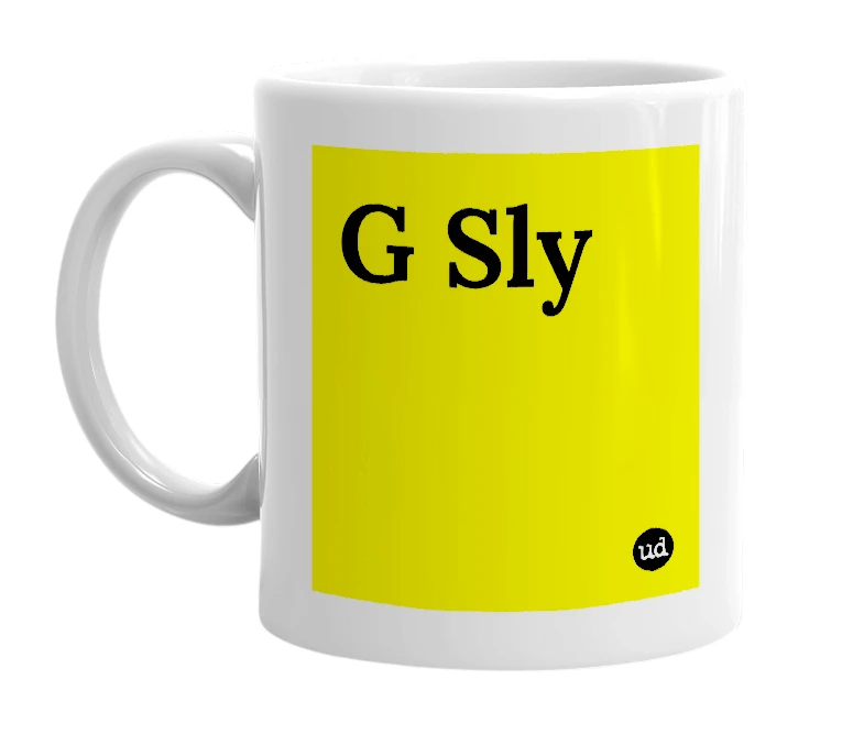 White mug with 'G Sly' in bold black letters