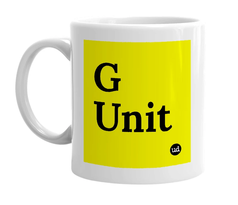 White mug with 'G Unit' in bold black letters