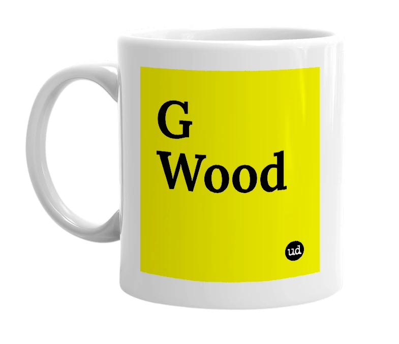 White mug with 'G Wood' in bold black letters