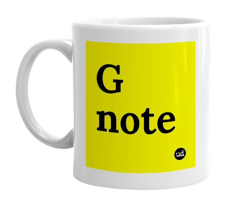 White mug with 'G note' in bold black letters