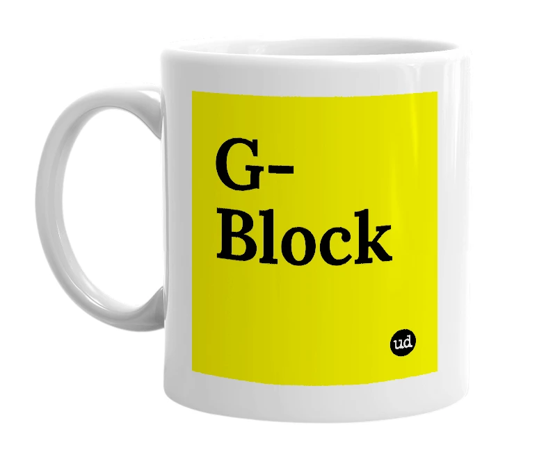 White mug with 'G-Block' in bold black letters