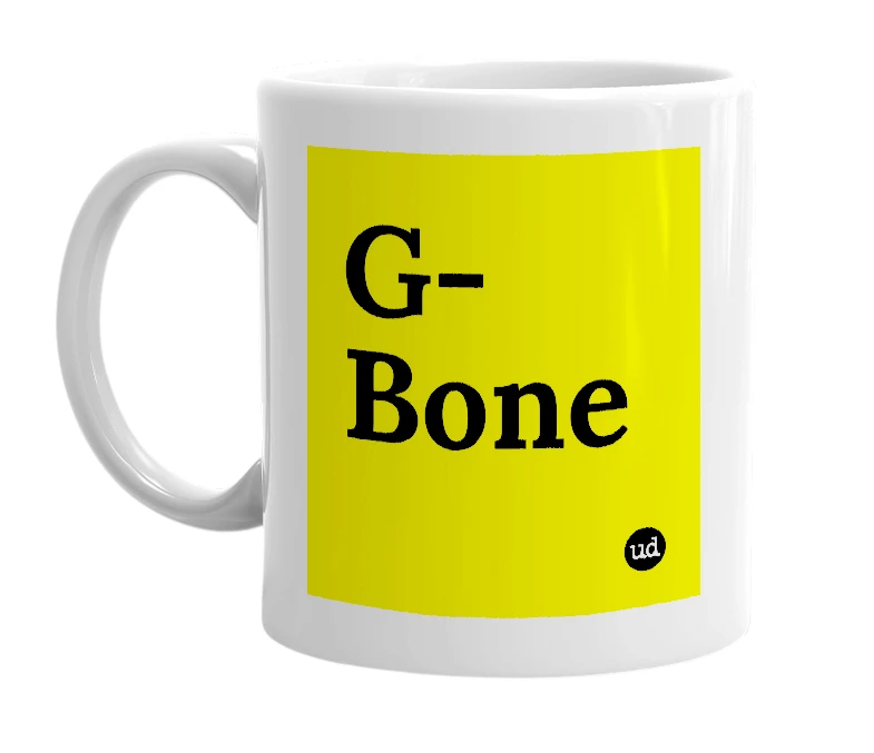 White mug with 'G-Bone' in bold black letters