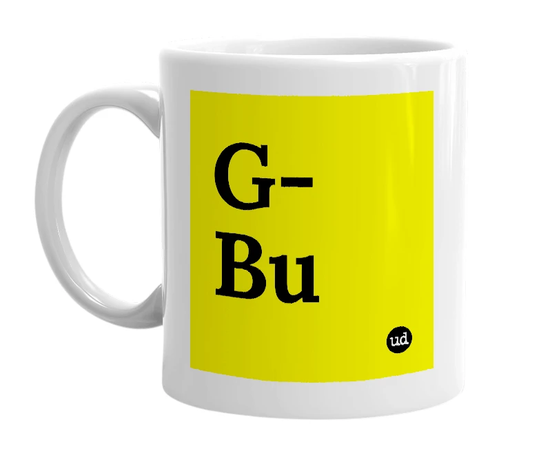 White mug with 'G-Bu' in bold black letters