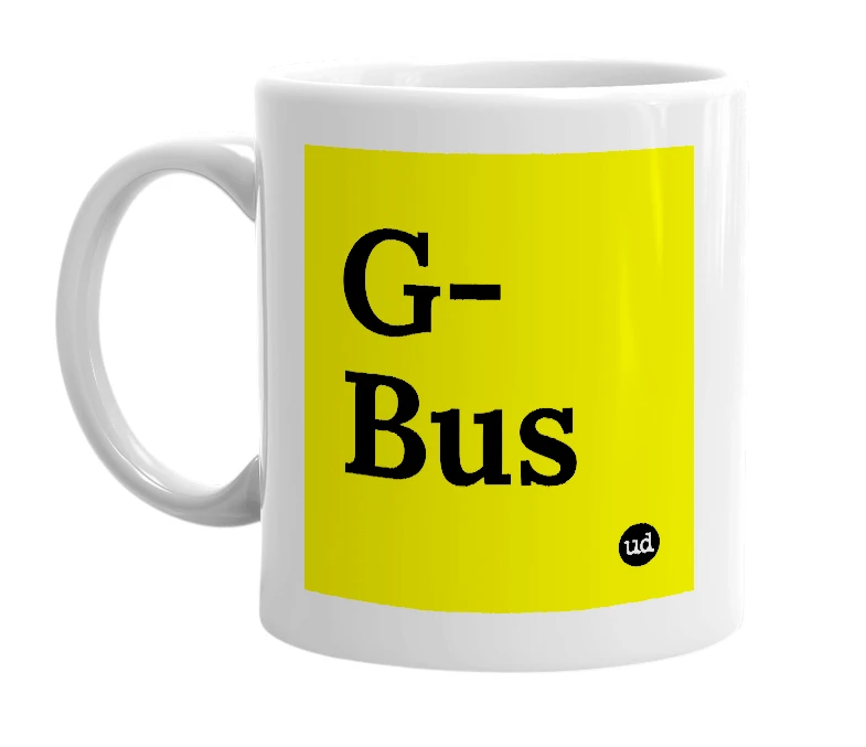 White mug with 'G-Bus' in bold black letters