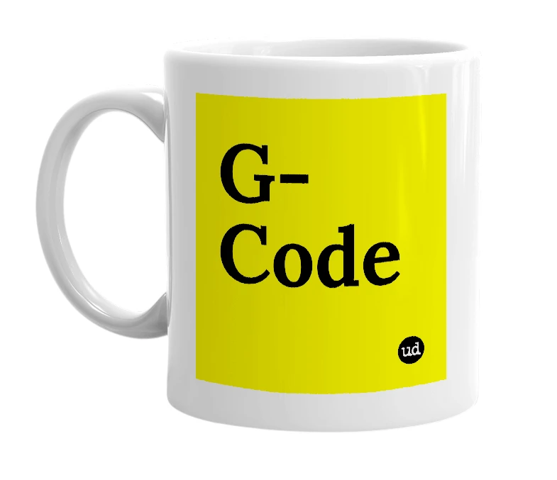 White mug with 'G-Code' in bold black letters