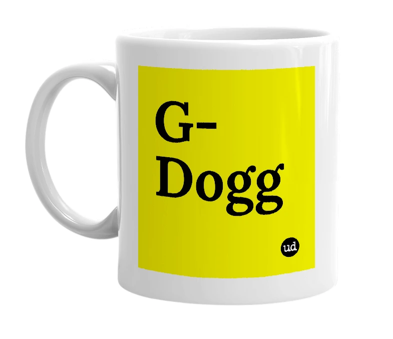 White mug with 'G-Dogg' in bold black letters