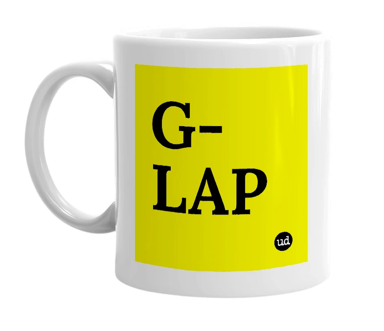 White mug with 'G-LAP' in bold black letters