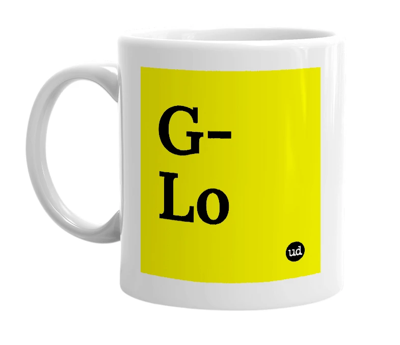 White mug with 'G-Lo' in bold black letters