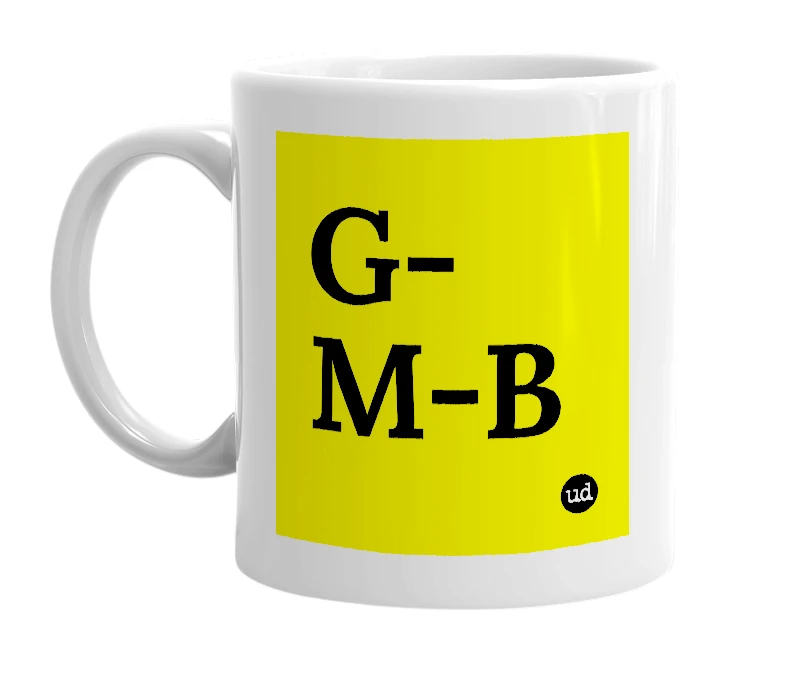 White mug with 'G-M-B' in bold black letters