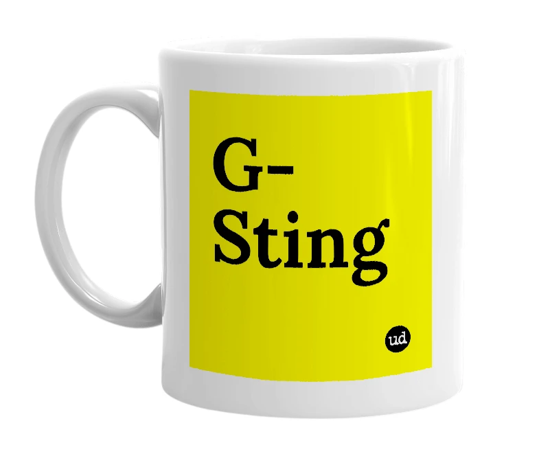 White mug with 'G-Sting' in bold black letters