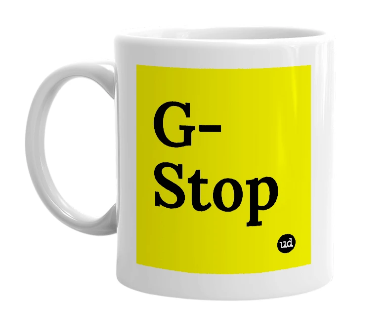 White mug with 'G-Stop' in bold black letters