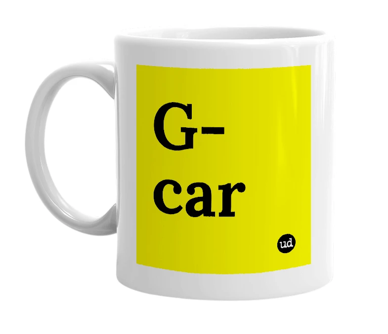 White mug with 'G-car' in bold black letters