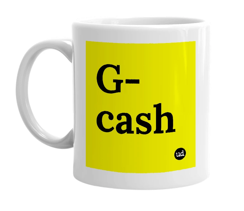 White mug with 'G-cash' in bold black letters