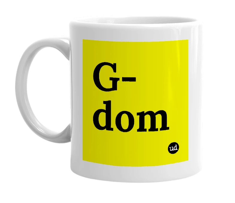 White mug with 'G-dom' in bold black letters