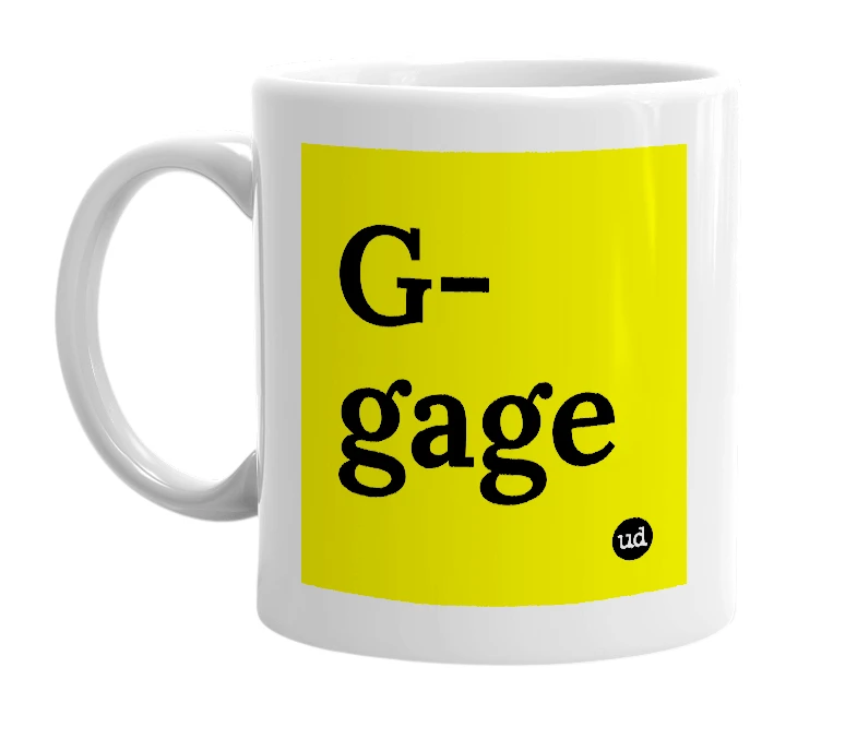 White mug with 'G-gage' in bold black letters
