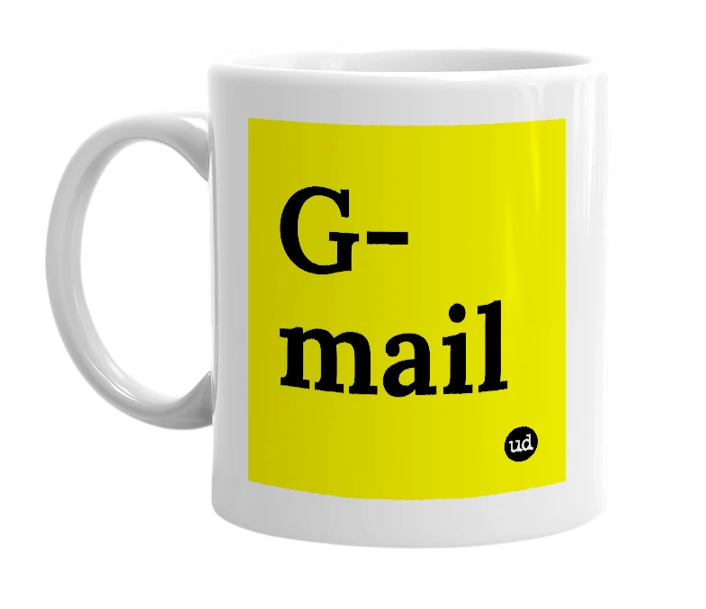 White mug with 'G-mail' in bold black letters