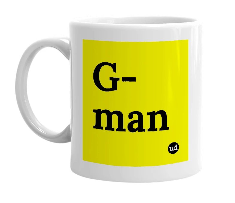 White mug with 'G-man' in bold black letters