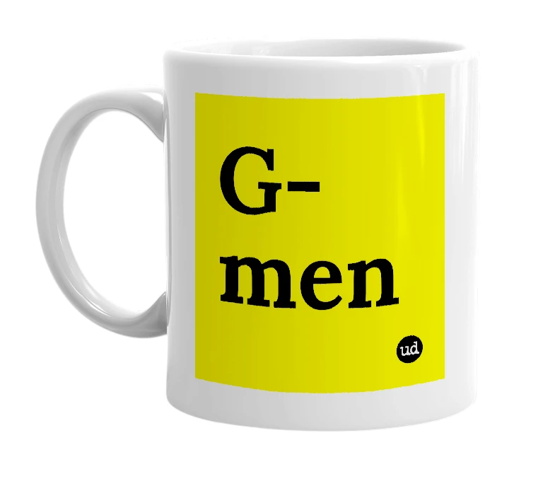 White mug with 'G-men' in bold black letters
