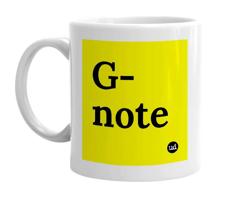 White mug with 'G-note' in bold black letters