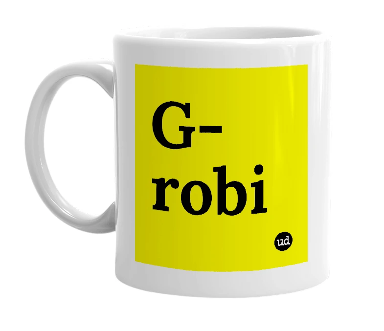 White mug with 'G-robi' in bold black letters