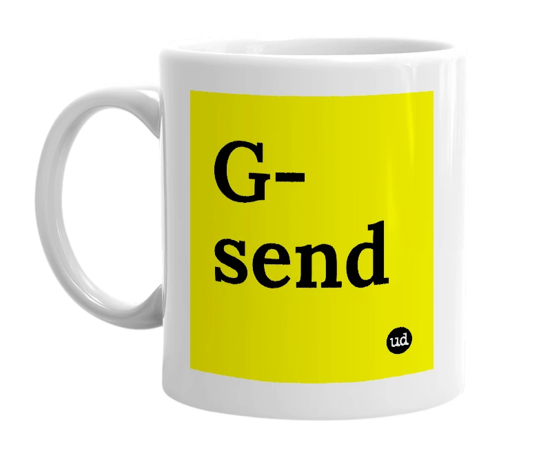 White mug with 'G-send' in bold black letters