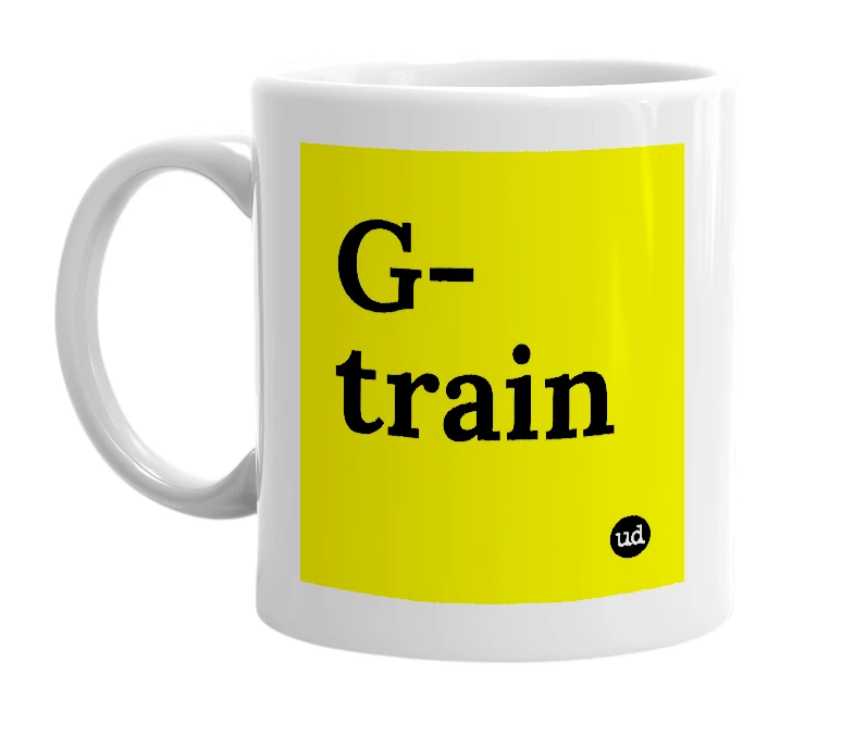 White mug with 'G-train' in bold black letters