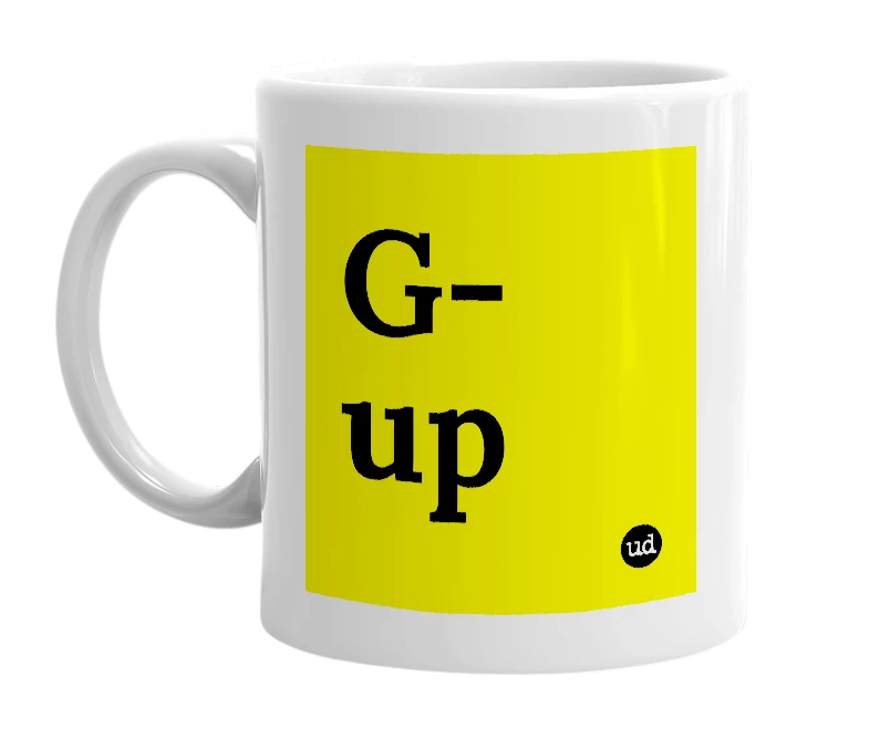 White mug with 'G-up' in bold black letters