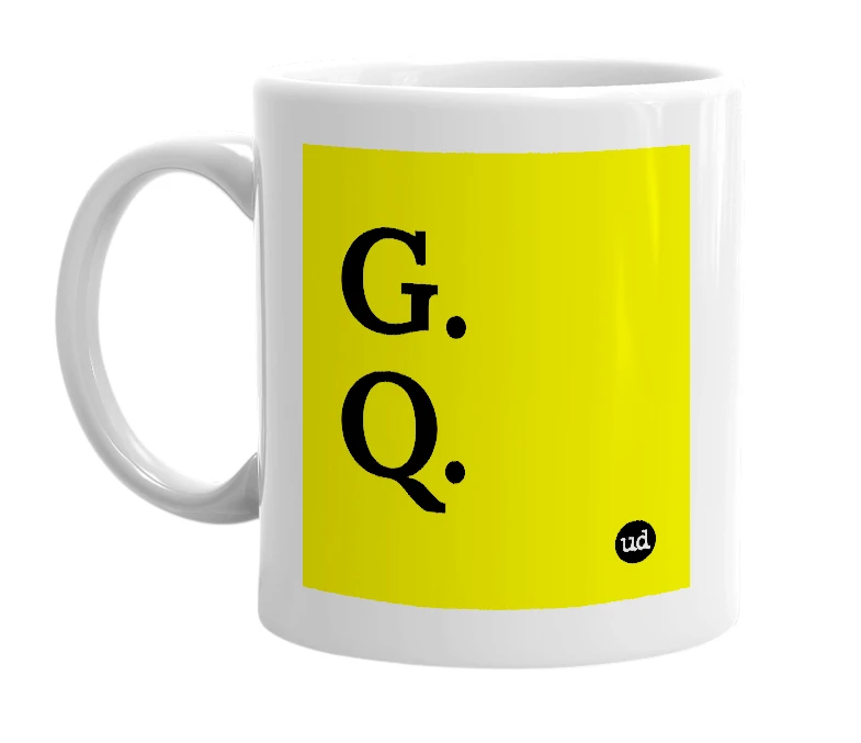 White mug with 'G. Q.' in bold black letters