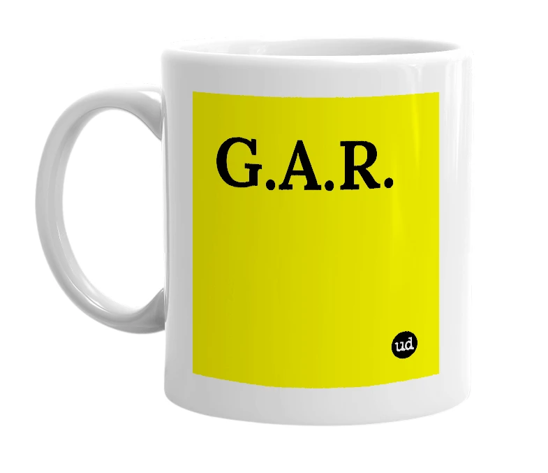 White mug with 'G.A.R.' in bold black letters