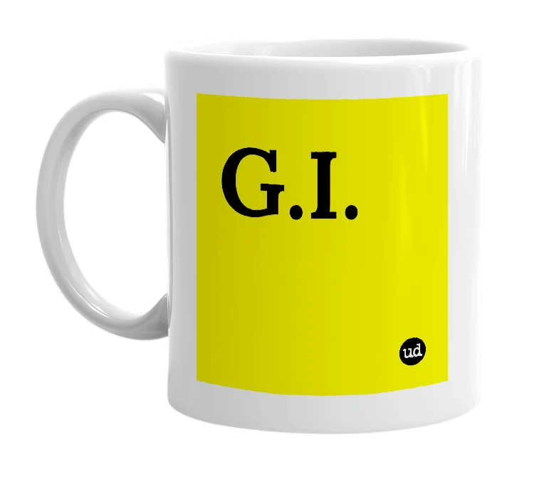 White mug with 'G.I.' in bold black letters
