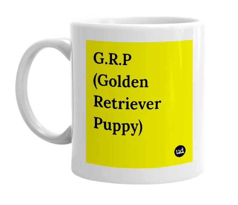 White mug with 'G.R.P (Golden Retriever Puppy)' in bold black letters