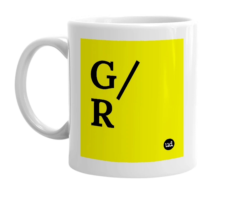 White mug with 'G/R' in bold black letters