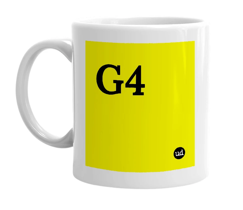 White mug with 'G4' in bold black letters