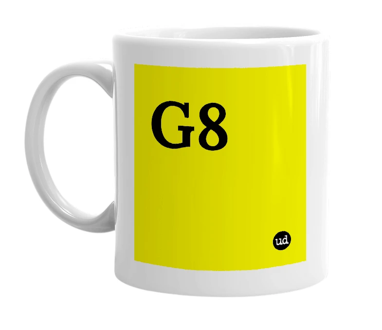 White mug with 'G8' in bold black letters