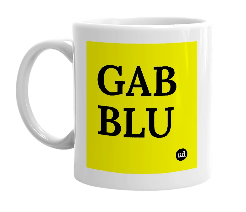 White mug with 'GAB BLU' in bold black letters
