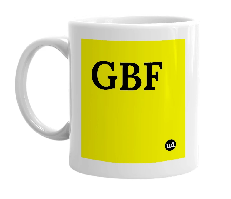 White mug with 'GBF' in bold black letters