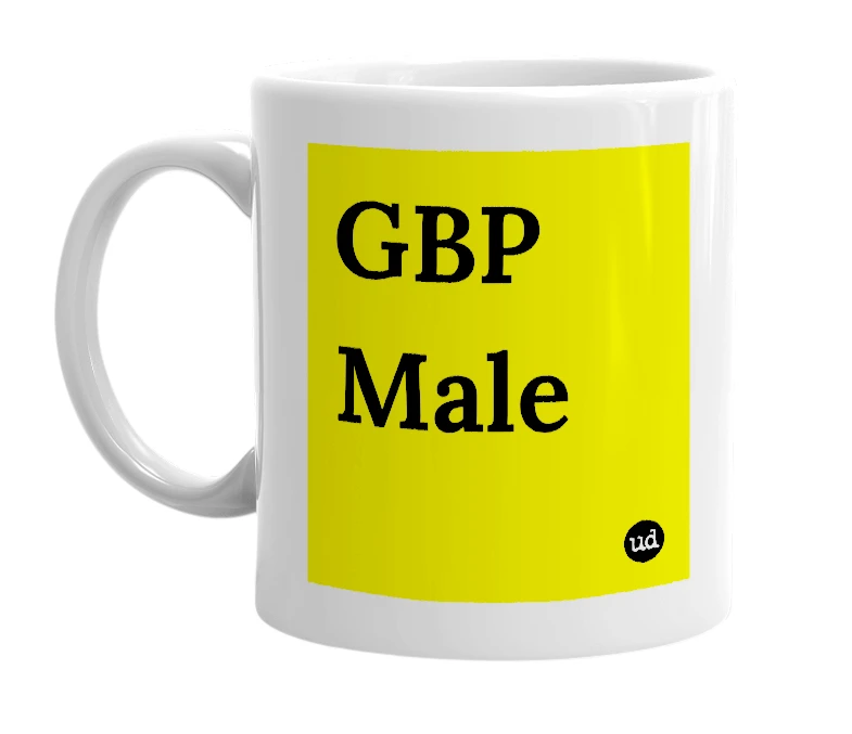 White mug with 'GBP Male' in bold black letters