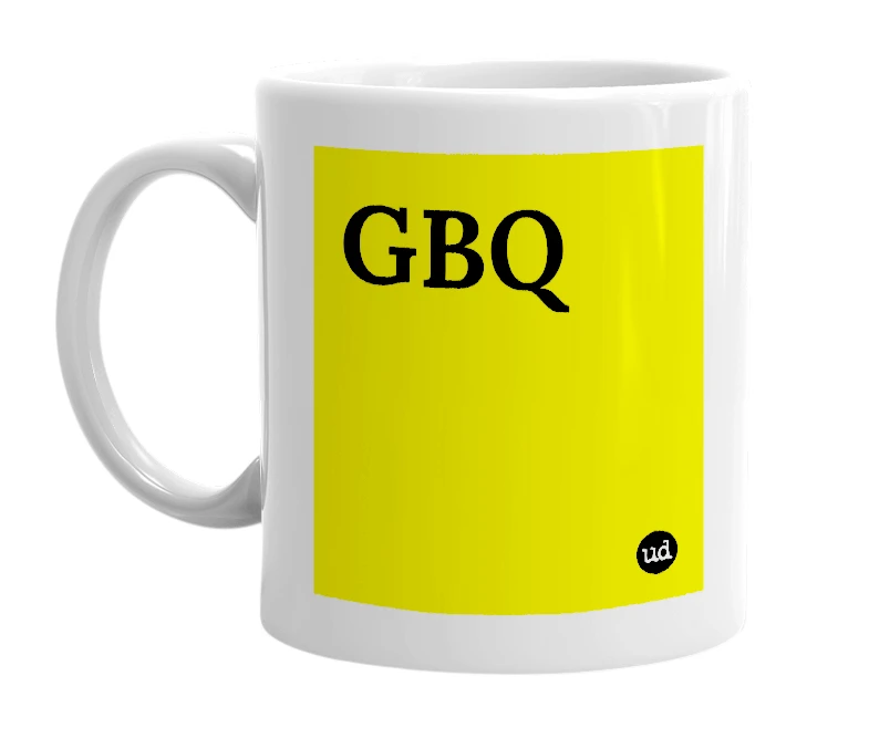 White mug with 'GBQ' in bold black letters