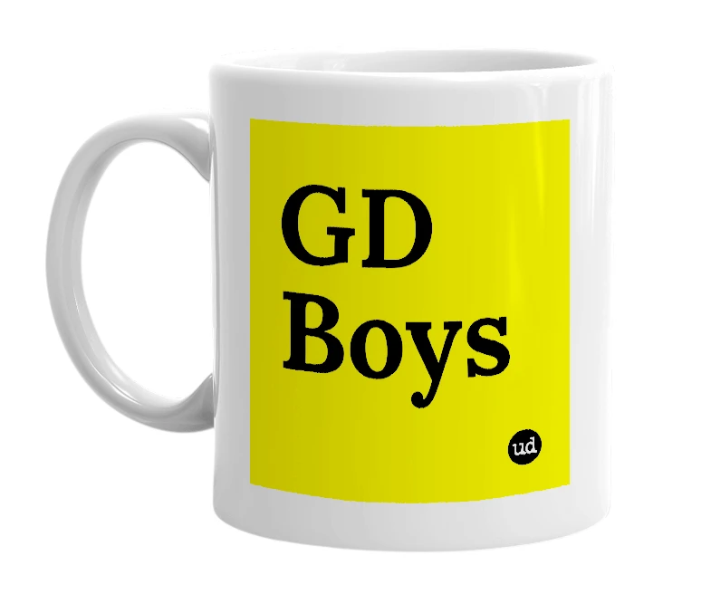 White mug with 'GD Boys' in bold black letters