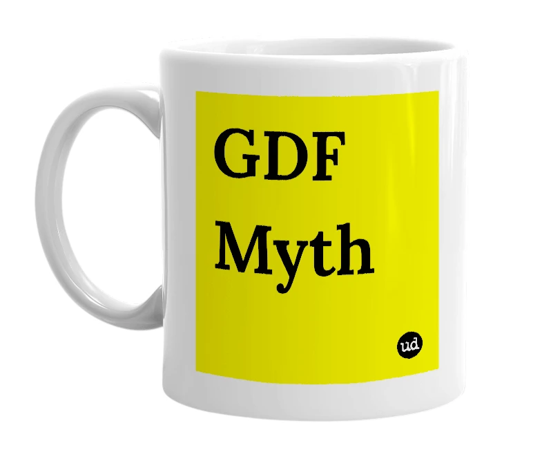 White mug with 'GDF Myth' in bold black letters