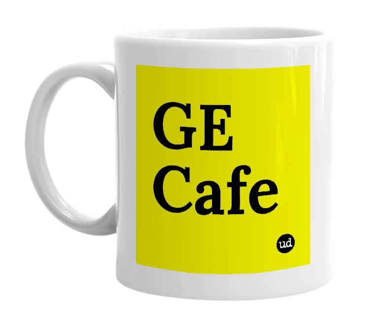 White mug with 'GE Cafe' in bold black letters