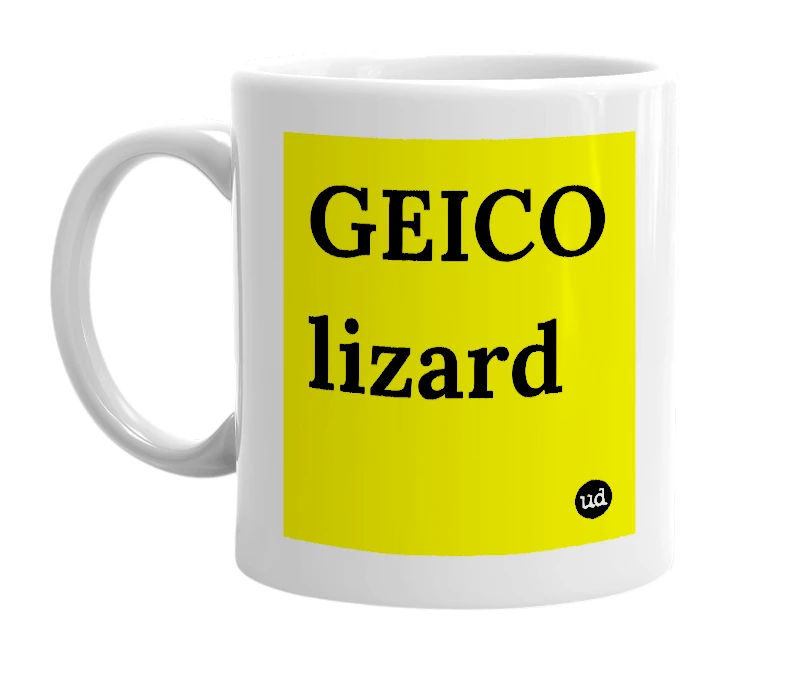 White mug with 'GEICO lizard' in bold black letters