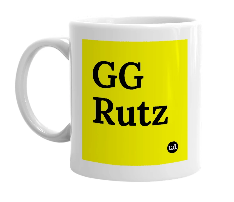 White mug with 'GG Rutz' in bold black letters